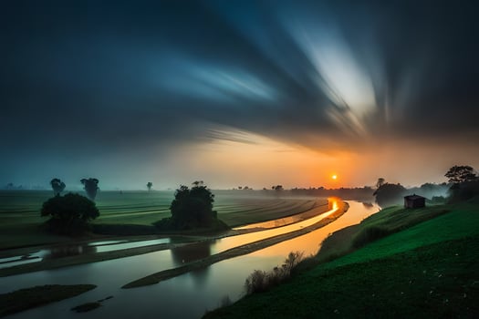 a river runs through a field with a beautiful sunset. AI-Generated photo