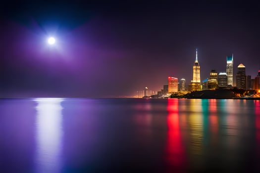 the moon rises over the city skyline at night. AI-Generated photo