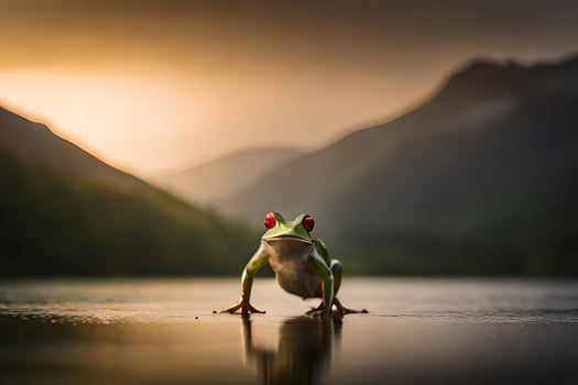 a frog standing on the edge of a lake. AI-Generated photo