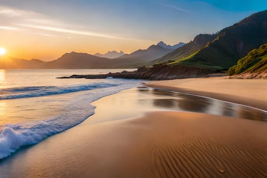 the sun sets over a beach and mountains. AI-Generated photo