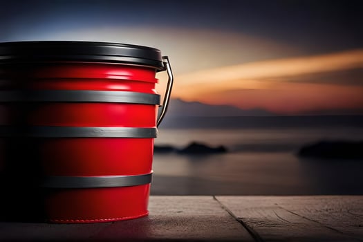 a red bucket sitting on a wooden table with a sunset in the background. AI-Generated photo