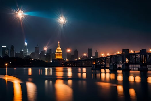 the city skyline is lit up at night with stars shining. AI-Generated photo