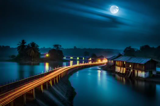 a bridge over a river at night with a moon in the sky. AI-Generated photo