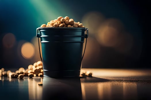 a bucket of peanuts on a table. AI-Generated photo
