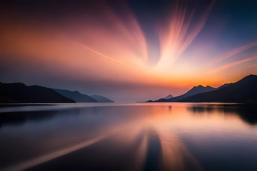 the sun is setting over a lake and mountains. AI-Generated photo