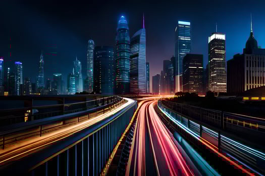 a city at night with lights on the highway. AI-Generated photo