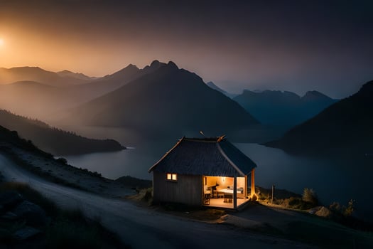 a cabin sits on the side of a mountain overlooking a lake. AI-Generated photo