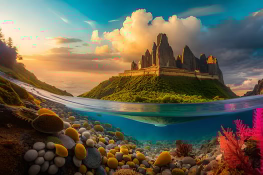 a castle and underwater scenery at sunset. AI-Generated photo