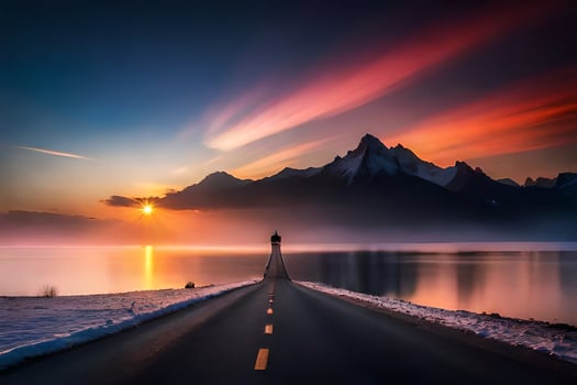 photo wallpaper the sky, road, mountains, lake, sunset, the road, the road,. AI-Generated