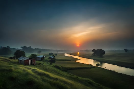 the sun rises over a river and some small houses. AI-Generated photo