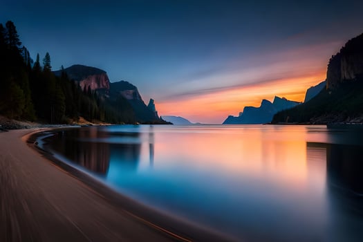 a sunset over a lake and mountains. AI-Generated photo
