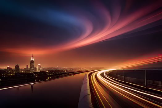 a long exposure photograph of a city skyline and light trails. AI-Generated photo