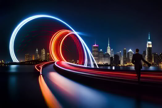 a man walking in front of a city skyline at night. AI-Generated photo