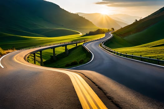 a winding road in the mountains with the sun setting. AI-Generated photo