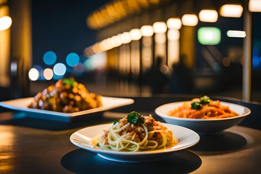 three plates of spaghetti and meatballs sit on a table. AI-Generated photo
