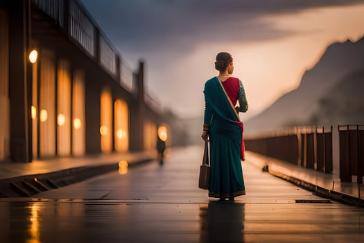 a woman in a sari walks down a walkway at night. AI-Generated photo