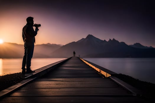 a man taking a photo of the sunset on a pier. AI-Generated