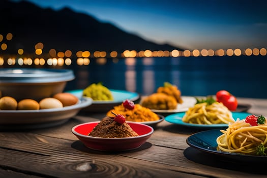 a table with plates of food and a view of the ocean. AI-Generated photo