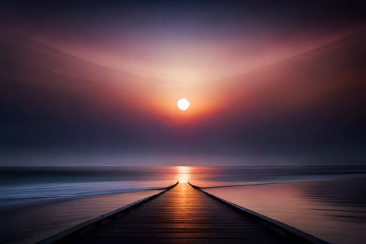 a long wooden pier leads to the ocean at sunset. AI-Generated photo