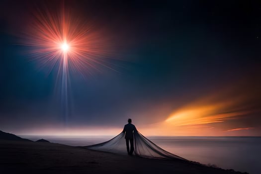 a man standing on the beach with a star shining above him. AI-Generated photo