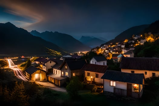 a village lit up at night in the mountains. AI-Generated photo