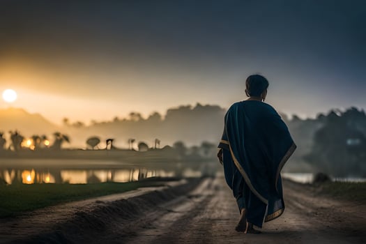 a woman in a sari walks down a dirt road at sunrise. AI-Generated photo