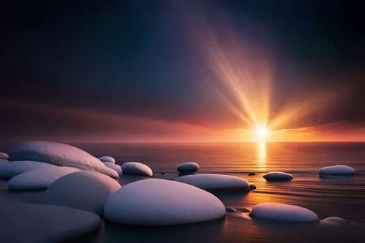 the sun is shining over a body of water and some rocks. AI-Generated photo