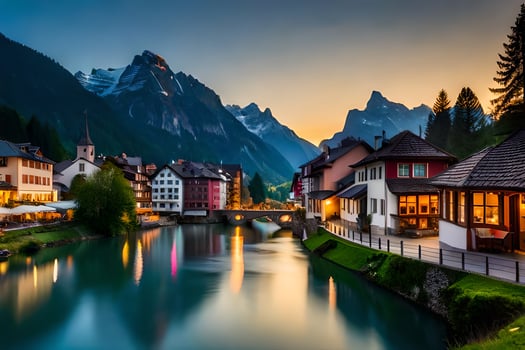 the beautiful town of switzerland at sunset. AI-Generated photo