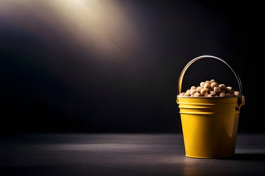 a bucket filled with peanuts on a dark table. AI-Generated photo