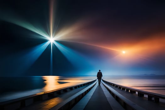 a man standing on a pier looking at the light from the sky. AI-Generated photo