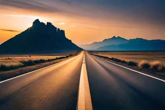 a long road in the middle of a desert with mountains in the background. AI-Generated photo