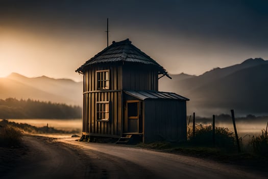 photo wallpaper the sky, fog, mountains, road, house, the sun. AI-Generated