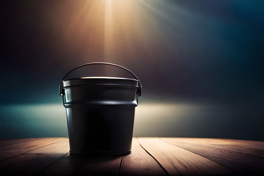 a black bucket sitting on a wooden floor. AI-Generated photo
