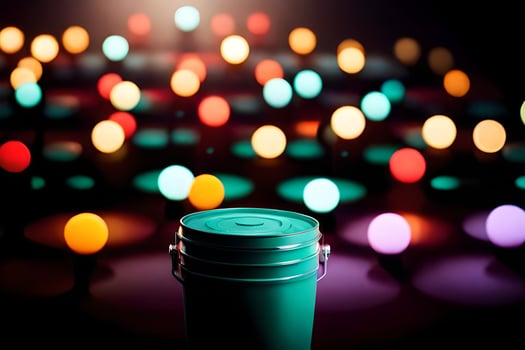 a bucket of colored lights in front of a green bucket. AI-Generated photo