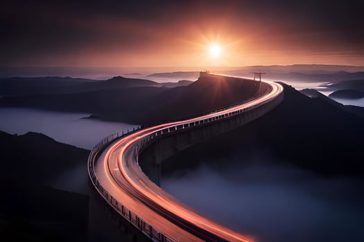 the sun rises over a bridge in the mountains. AI-Generated photo