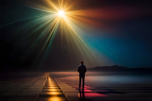 a man standing on a road looking at the sun. AI-Generated photo