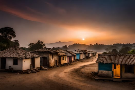 a village at sunset with huts and trees. AI-Generated photo