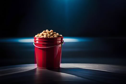 a red bucket filled with peanuts sitting on a table. AI-Generated photo