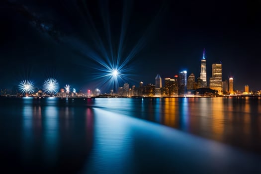 the city skyline is lit up at night with fireworks. AI-Generated photo