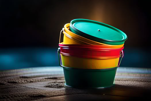 a stack of colorful buckets on a wooden table. AI-Generated photo