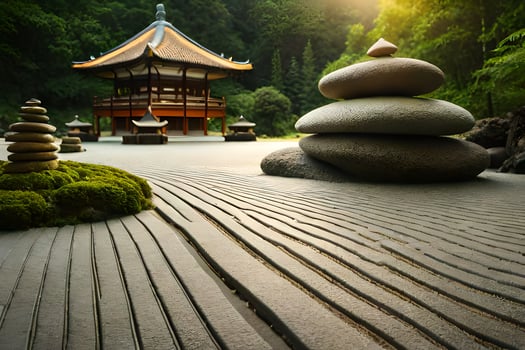 a japanese garden with rocks and pagoda. AI-Generated photo