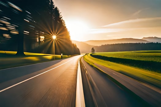 a road with the sun setting behind it. AI-Generated photo