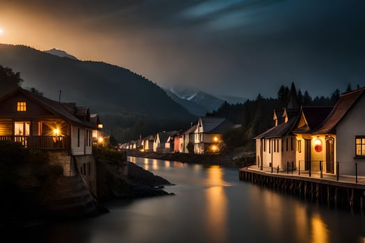 photo wallpaper the sky, night, moon, river, houses, mountains, lake, the moon. AI-Generated