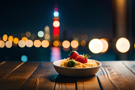 pasta and strawberries on a wooden table in front of the city at night. AI-Generated photo