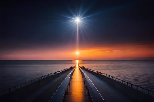 a long pier with a bright sun shining over it. AI-Generated photo