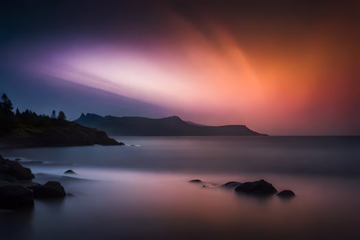 a beautiful sunset over the ocean with rocks and water. AI-Generated photo