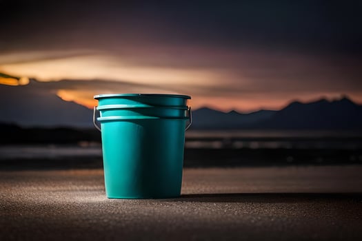 a bucket on the beach at sunset. AI-Generated photo