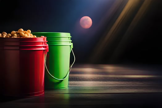 two buckets of peanuts sit on a table. AI-Generated photo