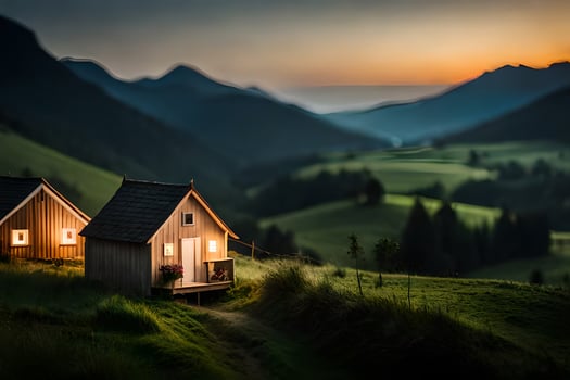 two small wooden houses on a hillside at sunset. AI-Generated photo