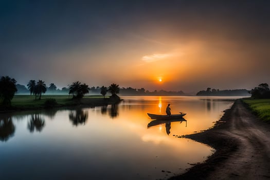 a man is standing on a boat in the middle of a river at sunset. AI-Generated photo